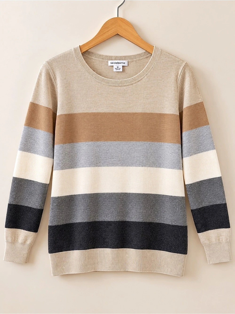 Liz Claiborne Color Block Crewneck Sweater in Beige & Brown Size Medium
